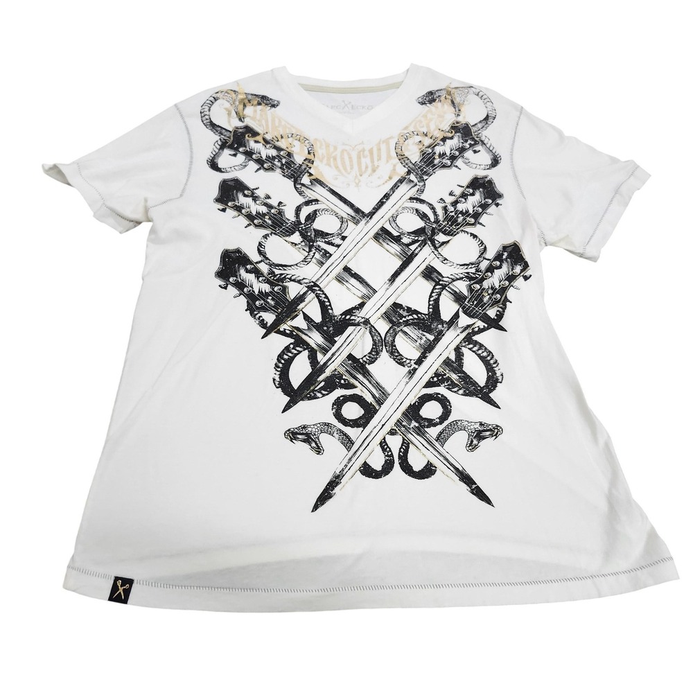 Marc Ecko Cut & Sew Shirt Mens Large White Guitar Snake Graphic Tee Rock Top